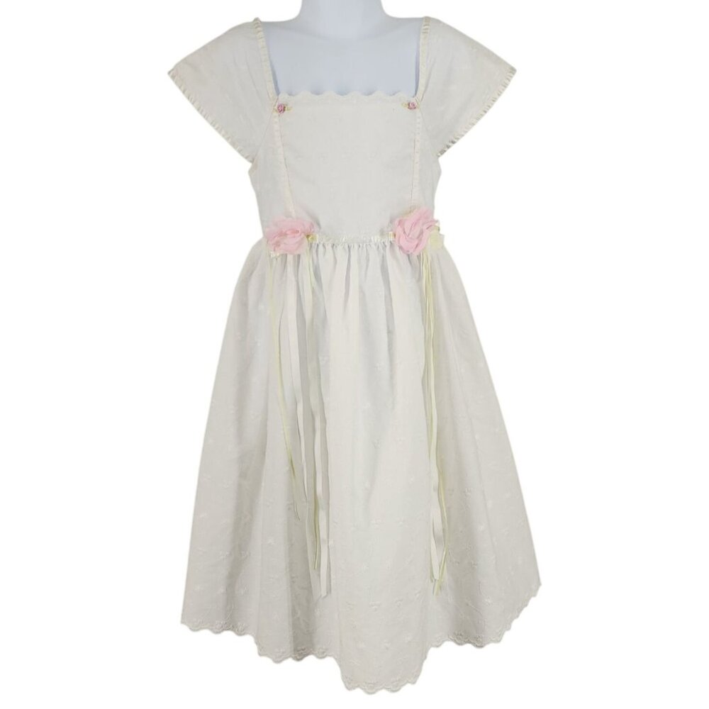 Vintage Jenny Annie Dots Girls White Embroidered Dress Ribbons Flowers 6-8 Long